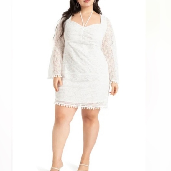 Eloquii Dresses & Skirts - Eloquii | New Crocheted mini dress Bell sleeves Pompom Women’s size 24 sheer